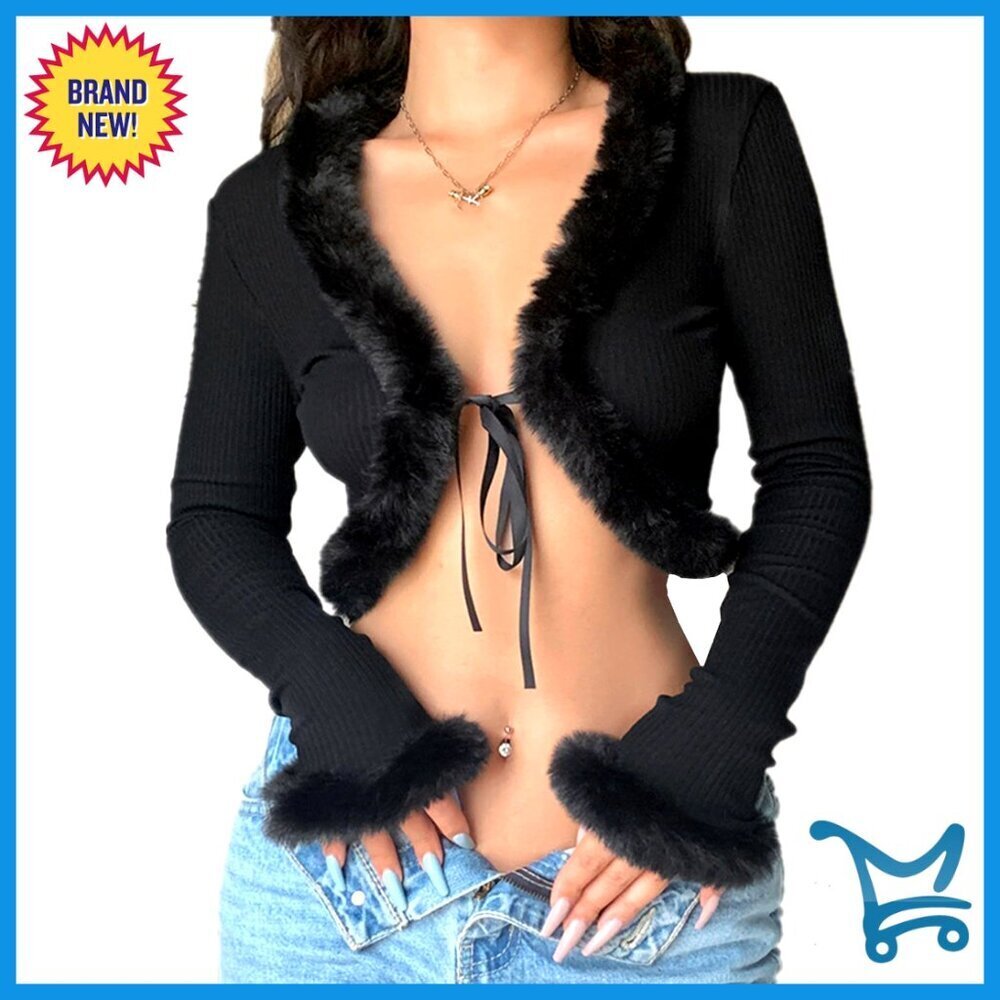 Feather Trim Long Sleeve Tie-Up Cardigan Faux Fur Crop Top Rave Festival Outfit